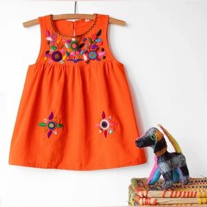 Hand Embroidered Floral Sleeveless Cotton Orange Kids Dress